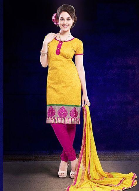 Yellow Cotton Casual Wear Churidar Suit Shop Now : http://www.cfashionbazaar.com/ Salwar Suits Party Wear, Indian Salwar Suit, Tight Dress Outfit, Cotton Salwar Kameez, Churidar Suits, Casual Wear Dress, Latest Sarees, Desi Fashion, Churidar