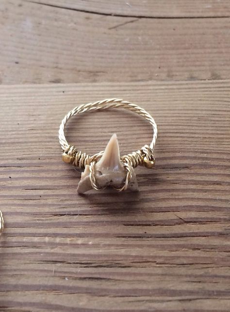 Shark tooth wire wrapped ring by GuinevereGwenhwyfar on Etsy How To Wire Wrap Shark Tooth, Shark Tooth Jewlery, Bone Wire Wrapping, Shark Tooth Jewelry, Shark Tooth Necklace Diy, Wire Wrapped Shark Tooth, Shark Teeth Crafts, Shark Tooth Ring, Shark Stuff