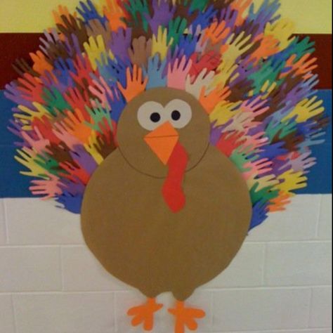 Turkey with the kids' handprints. Classroom Thanksgiving, Homecoming Floats, November Ideas, Preschool Thanksgiving, Turkey Handprint, Thanksgiving Classroom, November Crafts, Art Thanksgiving, Thanksgiving Projects