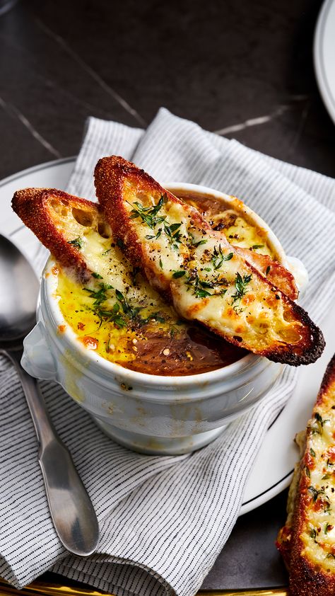 French onion soup is a bistro classic for good reason. From the caramelised and buttery onions to the melted-cheese top, this French onion soup recipe will warm you from the inside out. Gourmet Soup, French Soup, French Onion Soup Recipe, Onion Soup Recipes, French Recipes, French Onion Soup, French Onion, Onion Soup, French Food