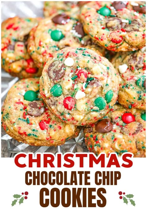 Christmas Chocolate Chip Cookies Santa Chocolate Chip Cookies, Cookie Recipes Monster Cookies, Chocolate Cookie Recipes Christmas, Christmas Sink Cookies, Christmas Choc Chip Cookies, Festive Chocolate Chip Cookies, Chocolate Xmas Cookies, Christmas Chocolate Chip Cookies Recipes, Winter Wonderland Chocolate Chip Christmas Cookies