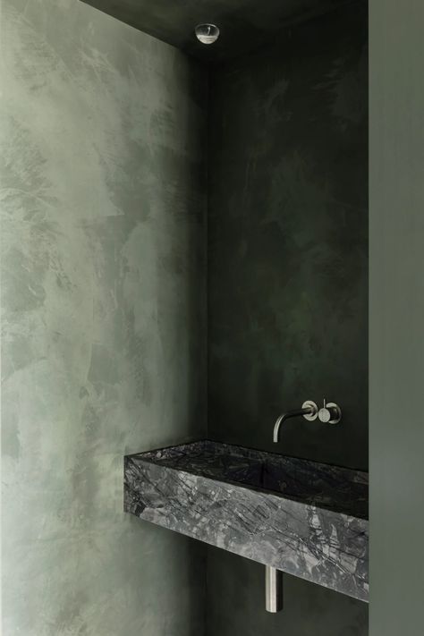 Apartment on the Belgian coast balances natural and industrial materials Dark Microcement Bathroom, Cave Like Bathroom, Soothing Interiors, Mint Green Bathrooms, Tranquil Bathroom, Interior Minimal, Wellness Centre, House Vibes, Beton Design