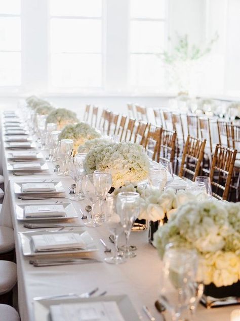 Hydrangea Wedding Centerpiece Ideas | Inspiration | Affordable | Budget Rectangle Table Centerpieces, Hydrangea Centerpiece Wedding, White Hydrangea Centerpieces, White Hydrangea Wedding, Skyline Wedding, Hydrangea Centerpiece, Wedding Reception Flowers, Hydrangeas Wedding, Wedding Table Flowers