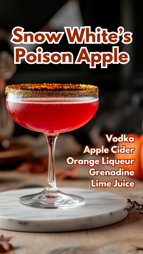 Snow Whites Poison Apple, Poison Apple Drink Cocktail Recipes, Poison Apple Cocktail Recipe, Poison Apple Cocktail, Cocktails With Grenadine, Sweet Drinks Alcohol, Halloween Night In, Apple Cider Cocktail Recipes, Spooky Cocktails