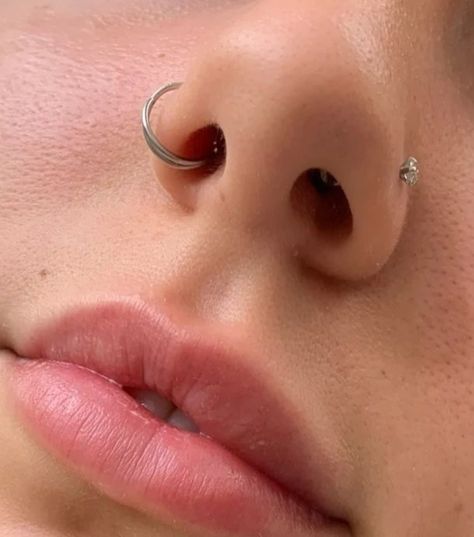 Nose Piercing Double Side, Nose Piercing Ideas Double, Paired Nostril Piercing, Double Nose Piercing Aesthetic, 2 Nose Piercing, Two Nose Piercings On Both Sides, Nose Pierced Both Sides, 2 Nose Piercings On Each Side, Side Nose Ring