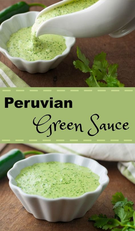 Peruvian Green Sauce aka Aji Amarillo sauce or Aji Verde sauce - this has a serious kick! Made with jalapenos, cilantro, aji pepper sauce & lime Aji Pepper, Peruvian Green Sauce Recipe, Aji Amarillo Sauce, Olive Burger, Aji Verde Sauce, Enchiladas Green, Peruvian Green Sauce, Pasta Green, Tomatoes Sauce