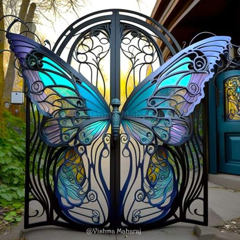 Stained Glass Gate, Frock Design Ideas, Glass Entrance, Amazing Gates, Glass Entrance Doors, Baby Frock Design, Boho Butterfly, Fantasy Furniture, زجاج ملون