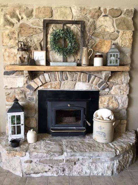 Log Cabin Fireplace Mantle Decor, Cabin Mantle Decor, Rustic Fireplace Mantels Decorations, Fireplace Mantals, Fireplace Lanterns, Corner Fireplace Decor, Fireplace Decorating, Red Crow, Farmhouse Mantle Decor