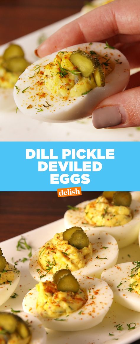 Party Appetizers Healthy, Dill Pickle Deviled Eggs, Pickle Deviled Eggs, Party Deviled Eggs, Healthy Deviled Eggs, Appetizers Healthy, Deviled Eggs Recipe, Party Appetizers, Egg Dish