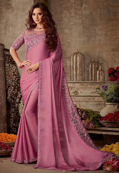 Embroidered Border Satin Chiffon Saree in Pink Crepe Silk Sarees, Designer Silk Sarees, Plain Saree, Satin Saree, Art Silk Sarees, Trendy Sarees, Stylish Sarees, Wedding Fabric, Saree Look