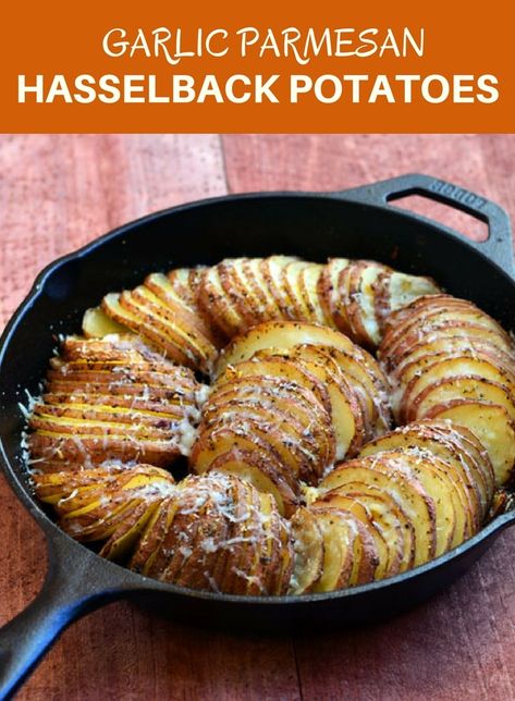 Hasselback Potatoes with Parmesan and Roasted Garlic are your next favorite side dish! With meaty potatoes and loads of garlic and Parmesan flavor, they're sure to be a dinner hit! Roasted Garlic Recipe, Cast Iron Skillet Cooking, Pasta Vegetariana, Hasselback Potatoes, Iron Skillet Recipes, Skillet Recipes, Dutch Oven Cooking, Cast Iron Skillet Recipes, Cast Iron Recipes