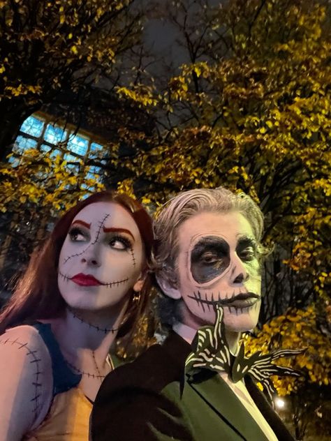 Sally And Jack Makeup, Jack And Sally Makeup Halloween, Diy Jack And Sally Costume, Jack Skeleton And Sally Costume, Sally And Jack Costume Couple, Jack Halloween Makeup, Sally And Jack Halloween Costume, Jack Y Sally Disfraz, Duo Costume Ideas Couple