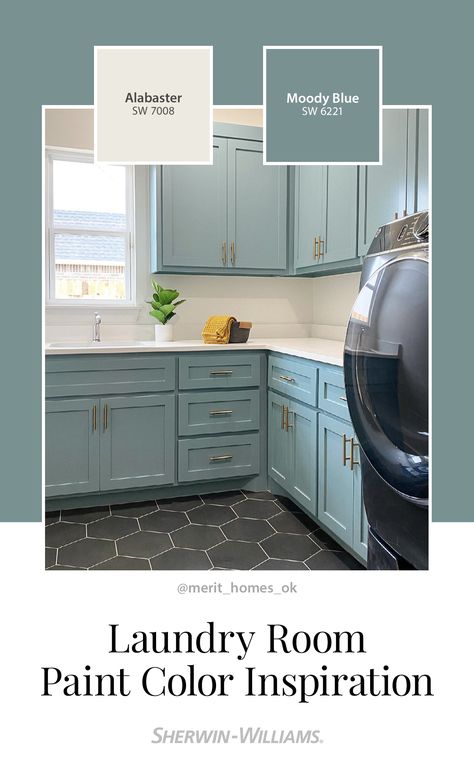 Laundry Cabinet Paint Colors, Sw Moody Blue Cabinets, Sherwin Williams Moody Blue Cabinets, Laundry Room Paint Colors Sherwin Williams, Alabaster Sherwin Williams With Blue, Languid Blue Sherwin Williams Cabinets, Moody Blue Kitchen Cabinets, Paint Colors Laundry Room, Sw Poolhouse Blue