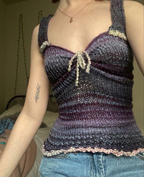 Crochet Sweater With Design, Crochet Top Layering Outfit, Whimsigoth Crochet Top, Knit Projects Aesthetic, Vera Top Crochet, Crochet Projects Tops, Fluffy Crochet Top, Crochet Vera Top, Crochet Purple Top