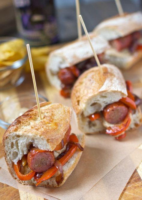 Game Day Recipes!!! Smoked Sausage Sliders with Peppers and Onions. A super easy slider or sandwich for the Super Bowl! One of many great game day easy appetizers to come! Smoked Sausage Sandwich, Sausage Sandwich Recipes, Sausage And Peppers Sandwich, Sausage Sliders, Super Easy Appetizers, Sausage Sandwich, Super Bowl Trophy, Slider Sandwiches, Sausage Sandwiches