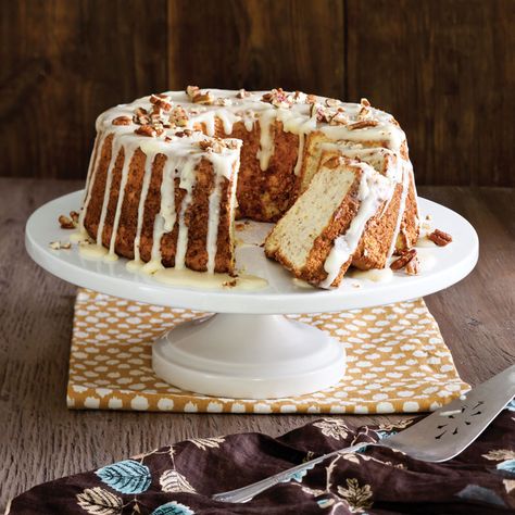 Celebrate the splendor of the season with this beautiful Butter Pecan Angel Food Cake. Find more recipes like this one on www.tasteofthesouthmagazine.com. Butter Pecan, Cake Tasting, Angel Food Cake, Thanksgiving Desserts, Toasted Pecans, More Recipes, Food Cake, Angel Food, Cake Flour