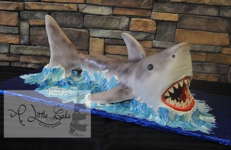 C028 - Shark Custom Cake With Waves Shark Birthday Cakes, Ocean Cakes, Shark Themed Birthday Party, Shark Cake, Shark Birthday Party, Animal Cakes, Shark Party, Childrens Birthday Cakes, Shark Birthday