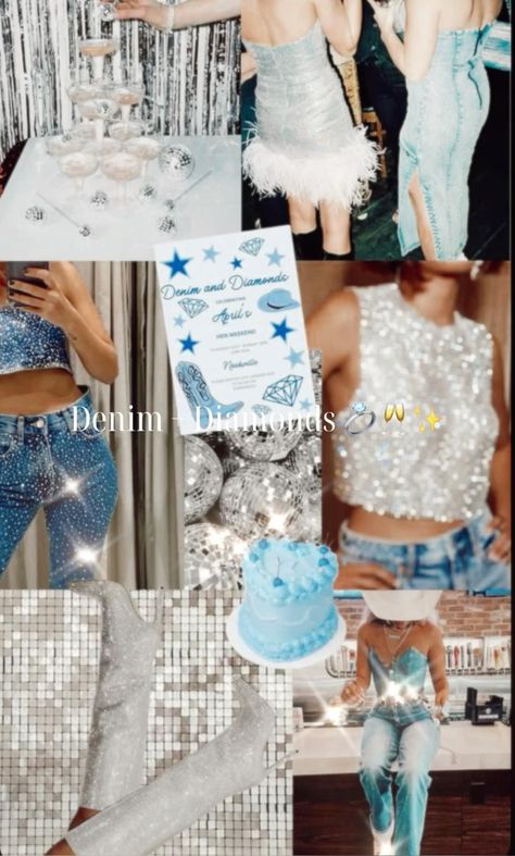 Denim and diamonds bachelorette Denim And Diamonds Bachelorette Party, Bachelorette Party Themes Outfits, Diamonds Bachelorette, Rhinestone Outfits, Denim And Diamonds Party Outfit, Denim On Denim Outfits, Denim And Rhinestones, Bachelorette Party Nashville, Bachelorette Outfit Themes