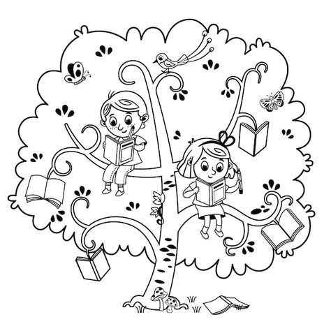 Books Black And White, A Girl Reading A Book, Reading Books Illustration, Reading Tree, Girl Reading Book, Book Tree, Tree Coloring Page, Back To School Crafts, Painting Activities