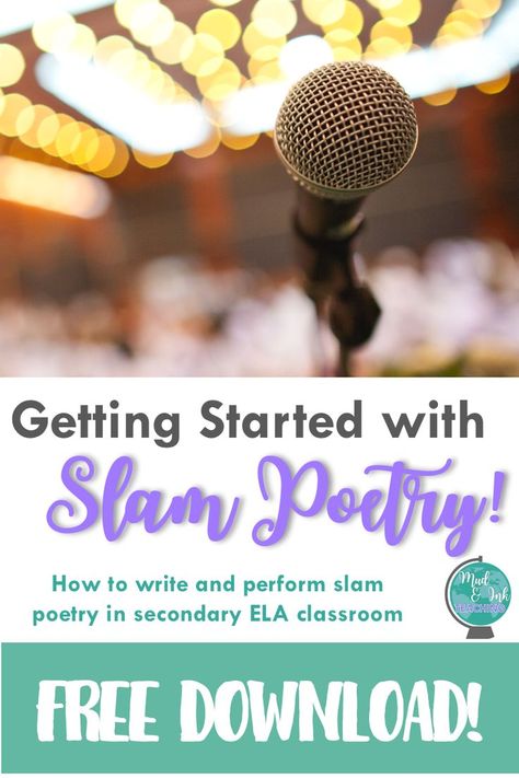 FREE DOWNLOAD - How to Write A Slam Poem! Get your high school English classes started with Slam Poetry! It's an inspiring, active, and engaging way to kick off your poetry unit and keep kids interested in poetry all year long. This post and free download will get you ready to go! #poetry #teachingpoetry #poetryideas #poetrylessons Poetry Slam For Kids Classroom, Poetry Cafe, Poetry Lesson, Secondary Ela Classroom, Literacy Coach, Poetry Slam, Poetry Activities, Teaching Secondary, Teaching Philosophy