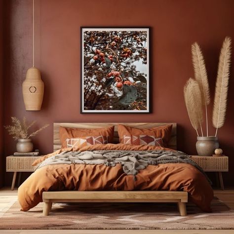 Rust Colored Bedroom Ideas, Brick Red Bedroom, Bright Bedrooms, Frosted Berries, Bedroom Wall Decor Ideas, Bedroom Orange, Forbidden Fruit, Wall Decor Ideas, Bedroom Wall Decor