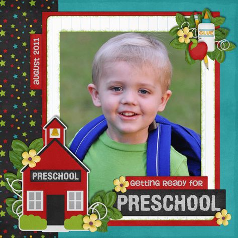 Preschool Layout, Preschool Scrapbook, Ready For Preschool, School Layouts, Scrapbook School, School Scrapbook Layouts, Graduation Scrapbook, Boy Scrapbook Layouts, Wedding Scrapbooking Layouts