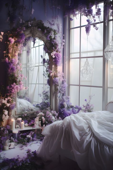 Bright fairytale-themed bedroom with ethereal white sheets, a large window flooding the room with natural sunlight, and an elegant golden window with vintage trimming. The room is adorned with hanging violet flowers and a mix of purple and pink blooms. The walls are painted in a soothing shade of purple, and crystal white chandeliers hang from the ceiling, adding a touch of enchantment to the space. Bedroom Decor Fairycore, Aesthetic Wall Hanging Decor, Fairytale Inspired Bedroom, Fairy Aesthetic House Decor, Ethereal Aesthetic Room Decor, Bedroom Hanging Flowers, Fantasy Aesthetic Decor, Etheral Room Decor, Violet Room Aesthetic