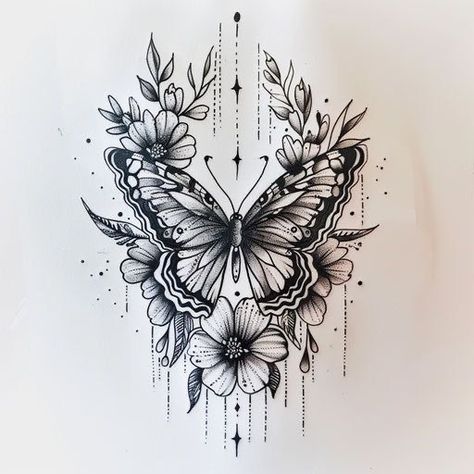 Butterfly Flower Neck Tattoo, Butterfly With Mandala Tattoo, Tattoo Sketches For Woman, Unique Tattoo Designs Women, Flower And Butterfly Tattoo Thigh Piece, Black Tattoo With Pop Of Color, Butterfly And Mandala Tattoo, Butterfly Strength Tattoo, Butterfly Tattoo Thigh For Women