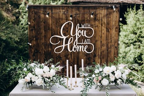 With You I Am Home Sign With You I Am Home Wedding Decor - Etsy Rustic Head Table Back Drop, Head Table Backdrop Greenery, Last Name Sign Lights, Wedding Backdrop Behind Large Head Table, Sweetheart Table Wedding Grass Backdrop, Last Name Wood Sign, Family Wood Signs, Wooden Wedding Signs, Large Wedding