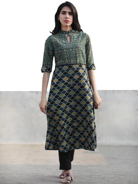 Green Indigo Black Hand Printed Ajrakh Kurta With Stand Collar - K49F1177 Stand Patti Neck Kurti, Stand Collar Kurti, Stand Collar Kurti Pattern, Sewing Gifts For Women, Choli Style, Collar Kurti, Baby Dress Tutorials, Tye And Dye, Cotton Kurtis