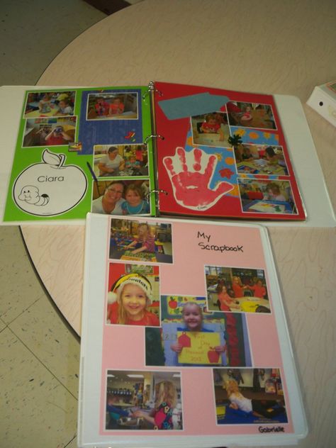 These are the scrapbooks that I make for my preschool class every year.  I laminate the pages so the children can enjoy them without damaging them. Preschool Scrapbook Ideas Teachers, Preschool Scrapbook Ideas Memory Books, Daycare Yearbook Ideas, Kindergarten Scrapbook Ideas Teachers, Preschool Scrapbook Pages, Preschool Portfolio Ideas Memory Books, School Year Memory Binder, Pre K Scrapbook Ideas, Prek Yearbook Ideas