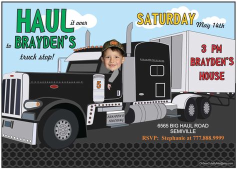 Semi Truck Birthday Party, Truck Birthday Party Invitations, Truck Party Invitations, Truck Crafts, Truck Birthday Party, Truck Birthday, Photo Birthday Invitations, Trucks Birthday Party, Photo Birthday