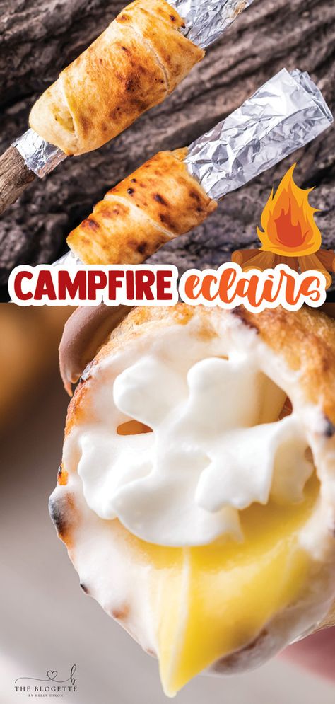 Decadent Campfire Eclairs are the perfect camping recipe and are sure to be the highlight of your summer camping trip! Camp Treats, Best Camping Desserts, Campfire Eclairs Crescent Rolls, Camping Treats, Camping Fire Desserts, Campfire Recipes, Camping Desserts Campfire, Campfire Cones Recipe, Campfire Desserts Easy Foil