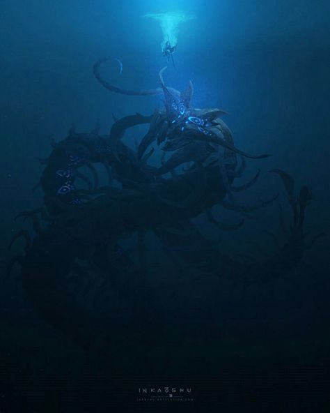 Deep sea king, Inka Shu on ArtStation at https://www.artstation.com/artwork/mq3OeE #art #artwork #deviantart #colors #painting Deep Sea King, Water Monster, Story References, Sea Monster Art, Ocean Monsters, Scary Ocean, Lovecraft Cthulhu, Creature Marine, Sea Creatures Art