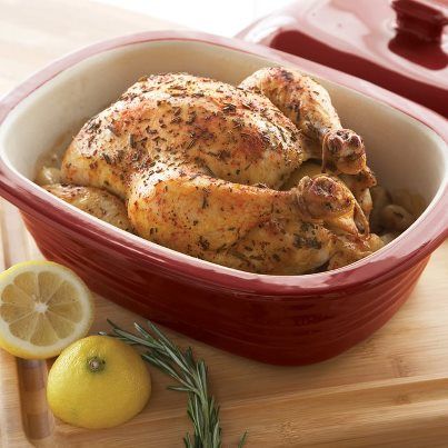 30 minute chicken in the Deep Covered Baker Pampered Chef Deep Covered Baker, Deep Covered Baker, Pampered Chef Stoneware, Roasted Garlic Chicken, Large Bar, Sunday Dinners, Whole Chicken Recipes, Pampered Chef Recipes, Herb Roasted Chicken