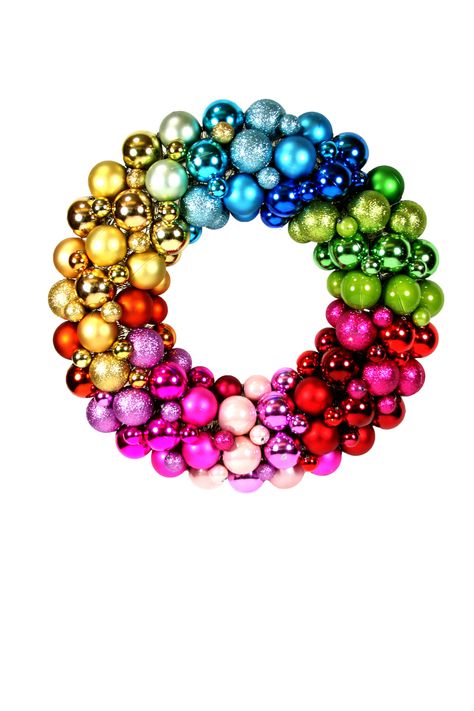 This stylish handcrafted wreath by Cody Foster is meant to bring a touch of whimsy to the holidays - and become joyful additions to your home. Over time, we hope these decorations may even become family collectibles that are passed down to the next generation. Make it a fun and festive holiday season! Dimensions: 15"W Christmas Ball Wreath, Patriotic Wreaths, Rainbow Ornaments, Christmas Rainbow, Ball Wreath, Colorful Wreath, Mini Tree, Kids Accessories Jewelry, Diy Wreaths