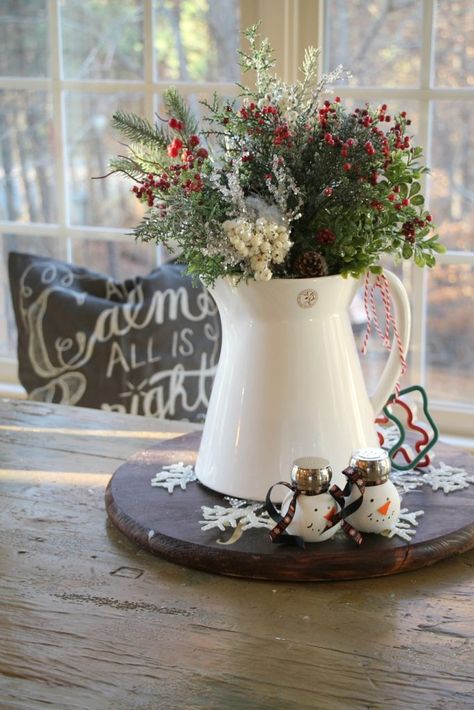 debbiedoos-budget-friendly-christmas-decorating-ideas-in-the-kitchen Pitcher Centerpiece, White Pitchers, Outside Christmas Decorations, Christmas Vignettes, White Pitcher, Christmas Cottage, Fall Tree, Christmas Kitchen Decor, Christmas Arrangements