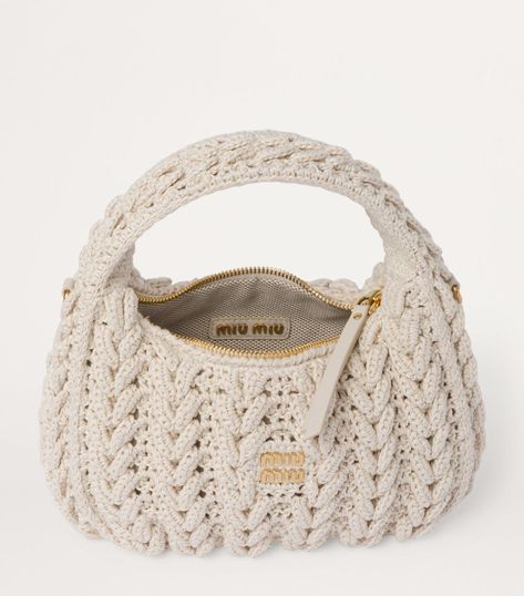 Designer Beige Crochet Tote Bag, White Top Handle Crochet Bag For Shopping, Luxury Beige Crochet Bag With Handles, White Crochet Tote Bag With Top Carry Handle, White Crochet Top Handle Bag With Braided Handles, Luxury Beige Crochet Bag With Top Handle, Luxury Beige Crochet Tote Bag, White Crochet Top Handle Bag, Miu Miu Beige Shoulder Bag For Everyday