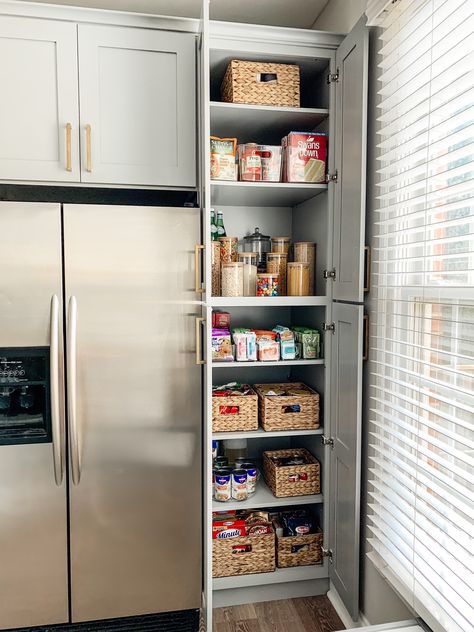 Small Kitchen Pantry Closet Organization Ideas, Small Pantry Cupboard Ideas, Pantry In Kitchen Ideas, Organized Kitchen Pantry, Small Pantry With Fridge, Pantry Beside Refrigerator, Kitchen With Small Pantry, Small Pantry Closet Design, Adding A Pantry To A Small Kitchen