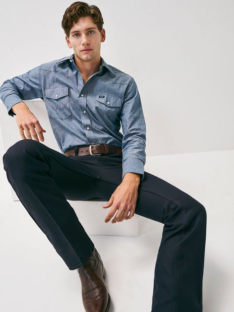 Wrancher® Dress Jean Work Shirt Outfit Men, Wrangler Dress Jeans, Dress Jeans Men, Modern Cowboy Style Men, Wrangler Wrancher Dress Jean, Wrangler Dress, Denim Long Sleeve Shirt, Blue Shirt With Jeans, Wrangler Cowboy