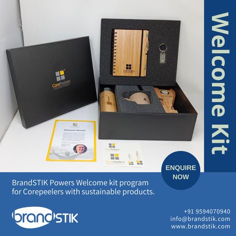 Enquire now and give your new employees the perfect start to their journey in your company. BrandSTIK powers a welcome kit program for core peelers with sustainable products including a bamboo flask, wooden organizer, rice husk mug, bamboo diary, and keychain with the welcome card in a black top bottom box. Connect for more information at +91 9594070940/ 9167373749 or drop us a mail at info@brandstik.com Welcome Kit, Rice Husk, Wooden Organizer, Welcome Card, Welcome Aboard, New Employee, Sustainable Products, Black Top, Flask