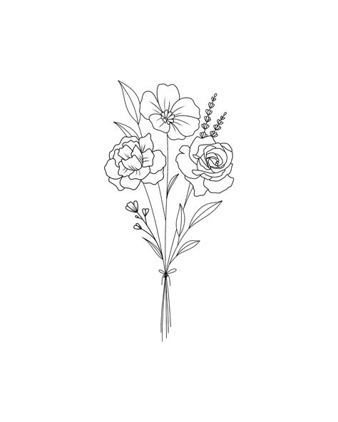 Bouquet Of 3 Flowers Tattoo, Individual Flower Drawing, June Flower Bouquet Tattoo, Single Line Flower Bouquet Tattoo, Small Boquetes Of Flowers Tatoos, Line Work Bouquet Tattoo, August Flower Bouquet Tattoo, January Flower Bouquet Tattoo, Bouquet Of Flowers Tattoo Forearm