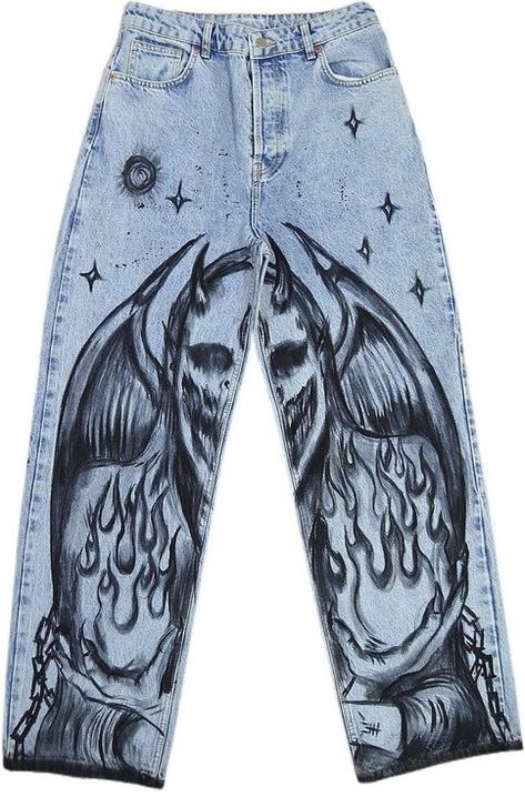 Sharpie Jeans Grunge, Men Painted Jeans, Drawn On Jeans Grunge, Halloween Pants Diy, Pants With Drawings On Them, Custom Pants Jeans, Custom Pants Paint, Painted Blue Jeans, Graffiti Clothes