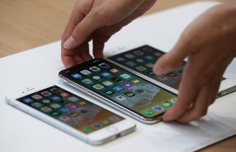 CUPERTINO, CA - SEPTEMBER 12:  (L-R) The new iPhone 8, iPhone X and iPhone 8S are displayed during an Apple special event at the Steve Jobs Theatre on the Apple Park campus on September 12, 2017 in Cupertino, California. Apple held their first special event at the new Apple Park campus where they announced the new iPhone 8, iPhone X and the Apple Watch Series 3.  (Photo by Justin Sullivan/Getty Images) Iphone Upgrade, Iphones For Sale, Computer Service, Ios Update, Ios 11, Best Iphone, Iphone Photos, Iphone Accessories, Steve Jobs