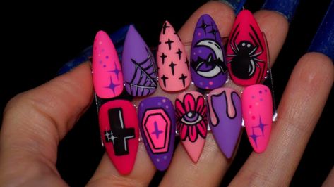 Pastel Goth Nails, Pastel Spooky, Spooky Nails, Witch Nails, Skull Nails, Witchy Nails, Halloween Acrylic Nails, Acrylic Nail Set, Cute Halloween Nails