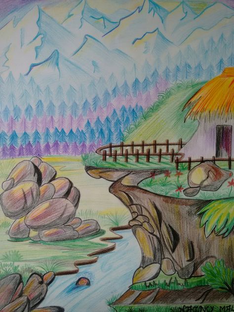 Colored Pencil Landscape Easy, Mountain Coloring Pages, Cozy Art, Big Rangoli Designs, Kids Drawings, Mountain Drawing, Colour Pencil, Fairy Decor, Art Lessons For Kids