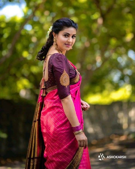 Sneha Prasanna Saree, Silk Saree With Border, Sneha Saree, Pink Saree Silk, Sneha Prasanna, Saree With Border, Designer Saree Blouse, Designer Sarees Wedding, New Saree Blouse Designs