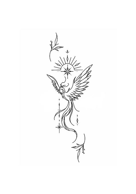 Mini Phoenix Tattoo, Phoenix Tattoo Linework, Phoinex Tattoos Women, Dainty Phoenix Tattoo, Phoniex Bird Aesthetic Tattoo, Phoenix Tattoo Thigh, Phoenix Line Tattoo, Fire Phoenix Tattoo Feminine, Fine Line Phoenix Tattoo