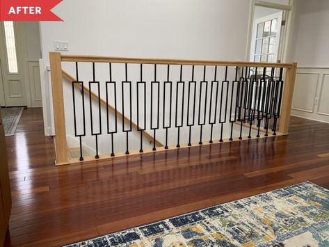 DIY Stair Railing Revamp - Before and After Photos | Apartment Therapy Interior Railing Ideas, Indoor Stair Railing, Redo Stairs, Stair Railing Makeover, Diy Stair Railing, Farmhouse Stairs, Indoor Railing, Interior Railings, Stair Banister