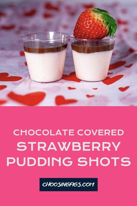 This recipe for chocolate covered strawberry pudding shots tops a layer of alcoholic strawberry pudding with a crisp chocolate shell to mimic the dessert. Valentines Pudding Shots, Red Pudding Shots, Strawberry Pudding Shots, Pudding Shooters, Alcohol Treats, Drinking Ideas, Strawberry Social, Pudding Shot Recipes, Jello Pudding Shots